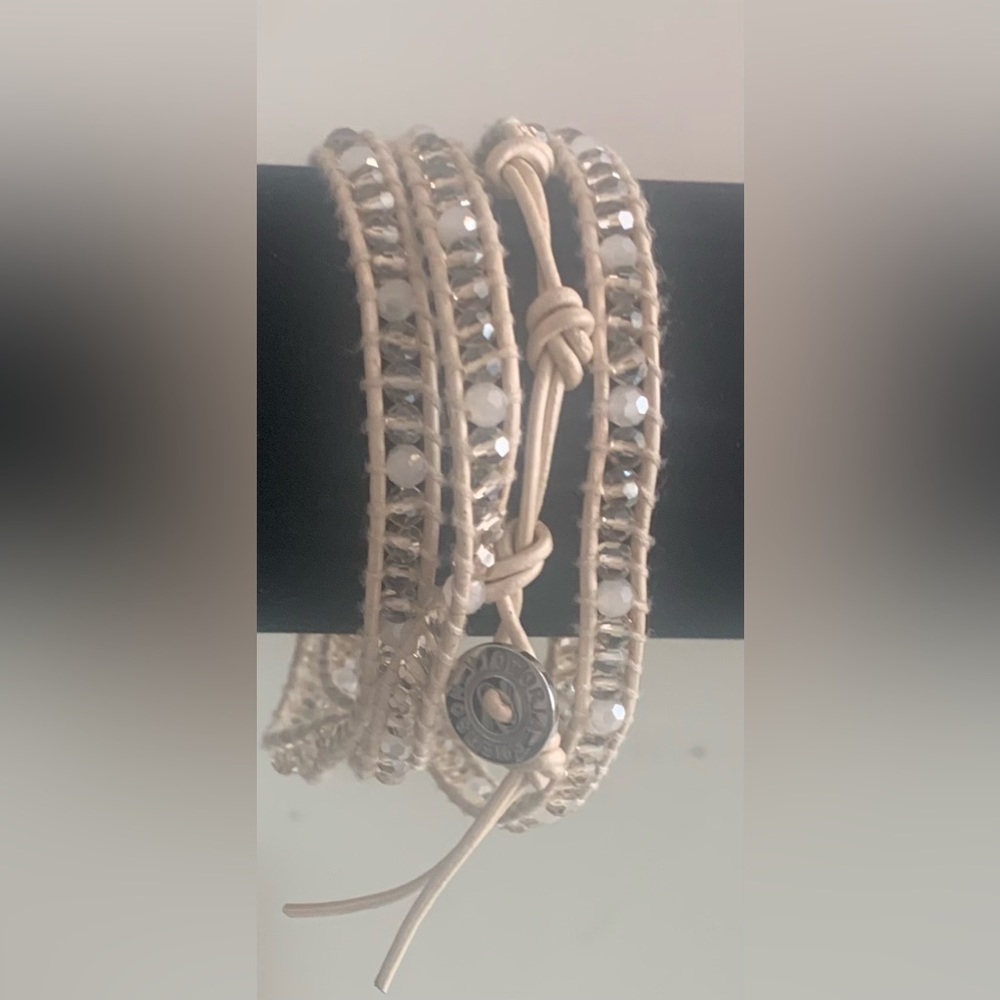 Victoria Emerson Crystal on White Ivory Leather Bracelet